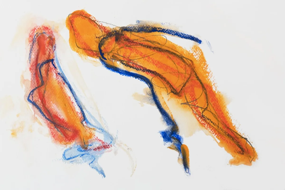 a drawing of an orange and blue object